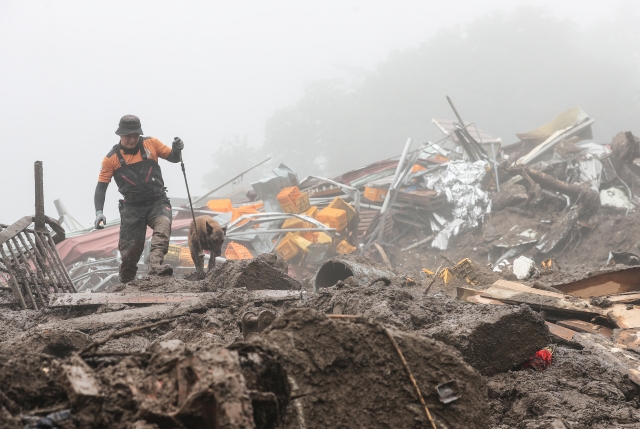 A rescue worker looks for survivors at Baekseok-ri in Yecheon, North Gyeongsang Province, Sunday. (Yonhap)