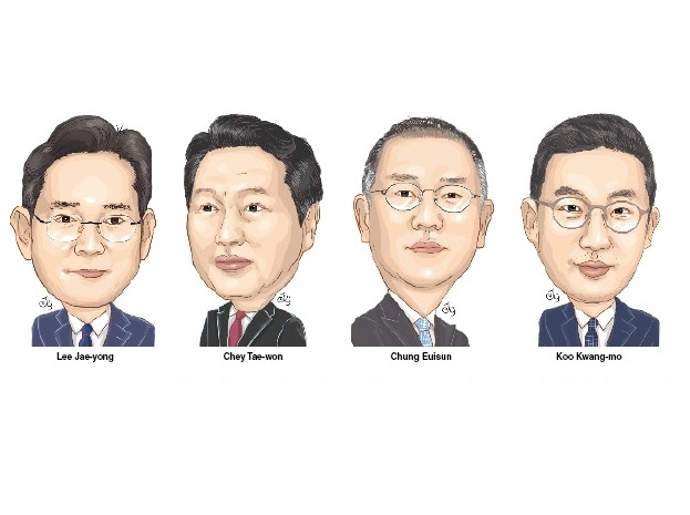 From left: Samsung Electronics Executive Chairman Lee Jae-yong, SK Group Chairman Chey Tae-won, Hyundai Motor Group Executive Chair Chung Euisun and LG Group Chairman Koo Kwang-mo (The Korea Herald)