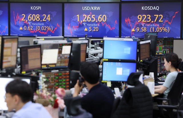 An electronic board showing the Korea Composite Stock Price Index at a dealing room of the Hana Bank headquarters in Seoul on Wednesday (Yonhap)