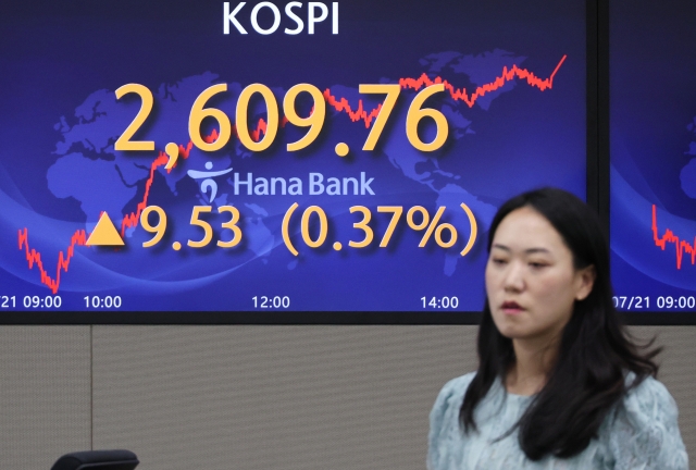 An electronic board showing the Korea Composite Stock Price Index at a dealing room of the Hana Bank headquarters in Seoul on Friday. (Yonhap)