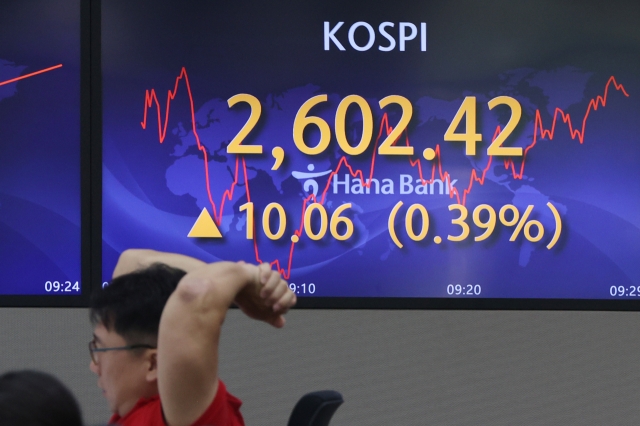 An electronic board showing the Korea Composite Stock Price Index at a dealing room of the Hana Bank headquarters in Seoul on Thursday. (Yonhap)