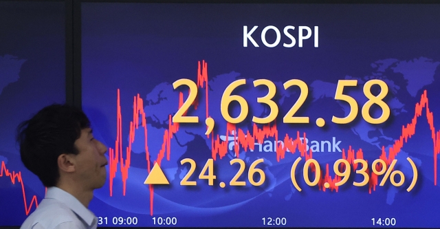 An electronic board showing the Korea Composite Stock Price Index at a dealing room of the Hana Bank headquarters in Seoul on Tuesday. (Yonhap)