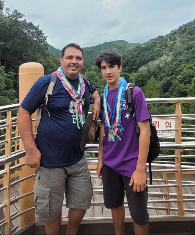 Brazilian Scout Gustavo Medeiros Oliva (right) and Brazilian Scouts chief leader and Oliva's father, Sergio Oliva (Courtesy of Stela Oliva)