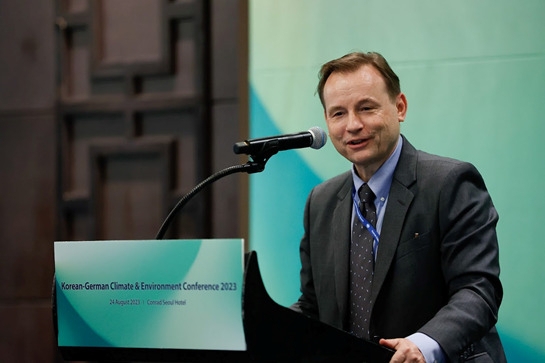 German Ambassador-designate to Korea Georg Schmidt deliver remarks at 3rd Korean-German Climate & Environment Conference 2023 at Conrad Hotel in Seoul on Thursday. (KGCCI)