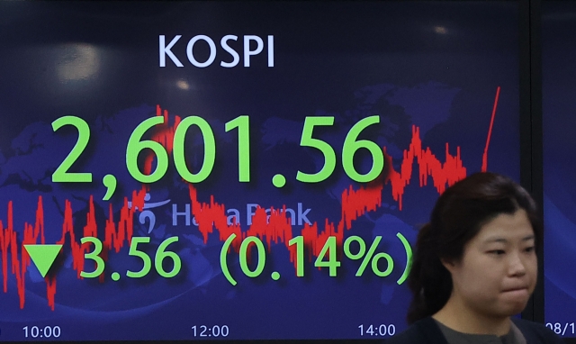 An electronic board showing the Korea Composite Stock Price Index at a dealing room of the Hana Bank headquarters in Seoul on Friday. (Yonhap)