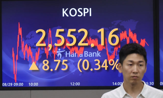 An electronic board showing the Korea Composite Stock Price Index at a dealing room of the Hana Bank headquarters in Seoul on Tuesday. (Yonhap)