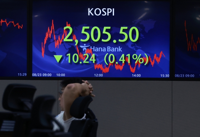 An electronic board showing the Korea Composite Stock Price Index at a dealing room of the Hana Bank headquarters in Seoul on Thursday. (Yonhap)