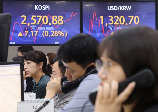 An electronic board showing the Korea Composite Stock Price Index at a dealing room of the Hana Bank headquarters in Seoul on Monday. (Yonhap)