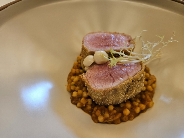 Mangata’s pork tenderloin with fregola pasta (Kim Hae-yeon/ The Korea Herald)