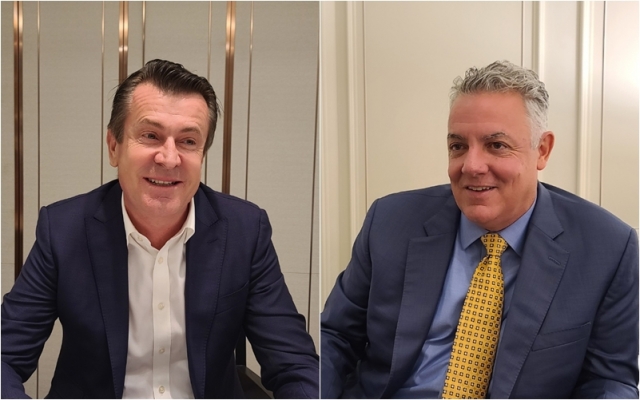 The GSMA’s APAC head, Julian Gorman, (left) and Chief Regulatory Officer John Giusti speak during an interview with The Korea Herald in Seoul, Thursday. (Jie Ye-eun/The Korea Herald)