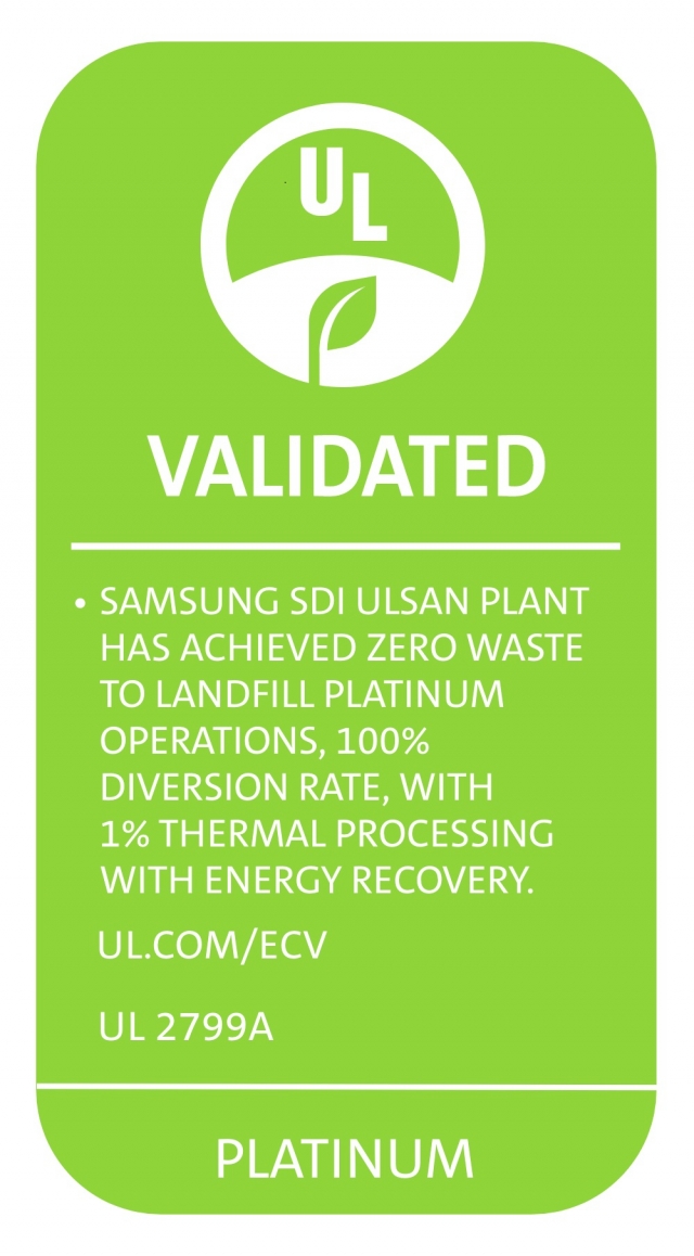 Samsung SDI's six manufacturing plants at home, including Ulsan, earned the highest Platinum rating in this year's UL Solution's Zero Waste to Landfill certification. (Samsung SDI)