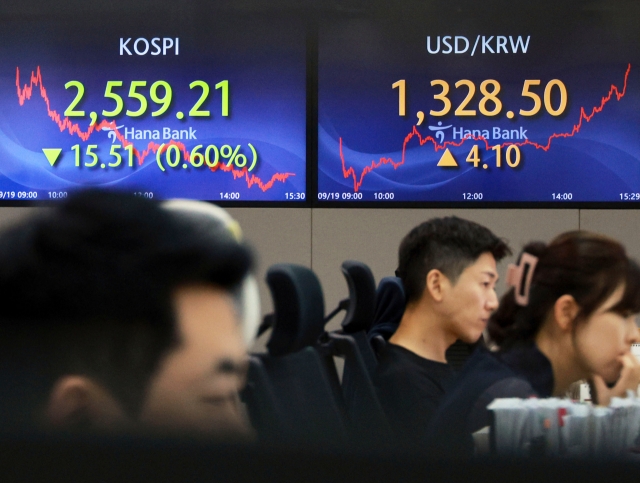 An electronic board showing the Korea Composite Stock Price Index at a dealing room of the Hana Bank headquarters in Seoul on Wednesday. (Yonhap)