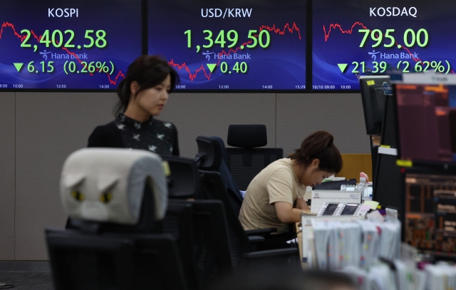 Electronic signboards at the trading room of Hana Bank in Seoul show Kospi closing at 2402.58 points, Korean won against the US dollar at 1,349.5 won and Kosdaq at 795 points, Tuesday. (Yonhap)