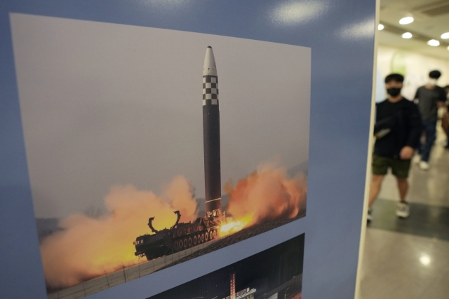 A photo showing North Korea's missile launch is displayed at the Unification Observation Post in Paju, South Korea, near the border with North Korea, Wednesday, Sept. 13, 2023. (AP-Yonhap)