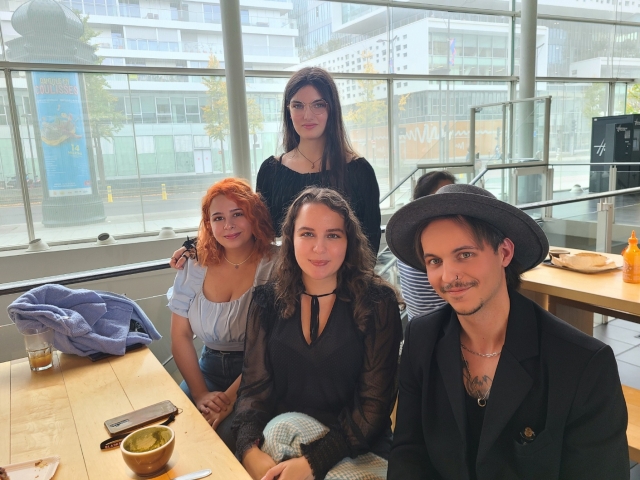 Members of Inalco’s Korean Studies’ student association, “Bulkkot,” pose for a photo at a cafe in Paris on Sept. 25. From left: Kayya, Jeanne, Sandra, Kilian. (Jung Min-kyung/The Korea Herald)