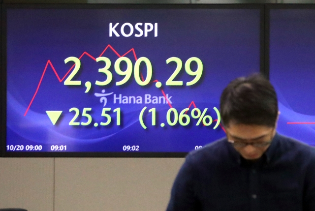 An electronic board showing the Korea Composite Stock Price Index at a dealing room of the Hana Bank headquarters in Seoul on Friday. (Yonhap)