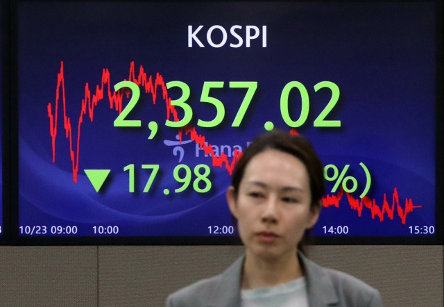 An electronic board showing the Korea Composite Stock Price Index at a dealing room of the Hana Bank headquarters in Seoul on Monday (Yonhap)