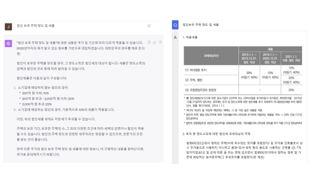 From left: A screenshot of ChatGPT's response to a tax-related question versus a screenshot of K-engine's response to a tax-related question (AI Auction)