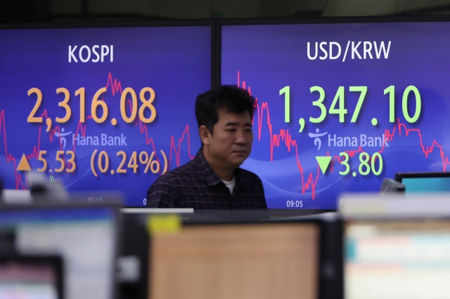 An electronic board showing the Korea Composite Stock Price Index at a dealing room of the Hana Bank headquarters in Seoul on Tuesday. (Yonhap)