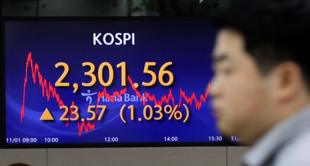 An electronic board showing the Korea Composite Stock Price Index at a dealing room of the Hana Bank headquarters in Seoul on Thursday. (Yonhap)