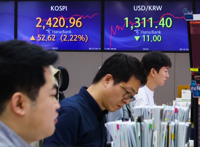 An electronic board showing the Korea Composite Stock Price Index at a dealing room of the Hana Bank headquarters in Seoul on Monday. (Yonhap)