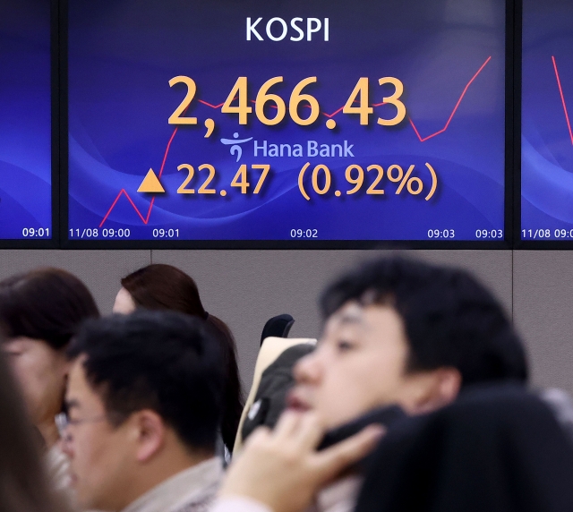 An electronic board showing the Korea Composite Stock Price Index at a dealing room of the Hana Bank headquarters in Seoul on Wednesday. (Yonhap)