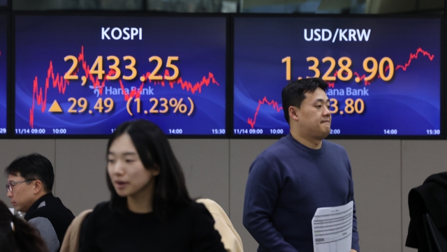 An electronic board showing the Korea Composite Stock Price Index at a dealing room of the Hana Bank headquarters in Seoul on Tuesday. (Yonhap)