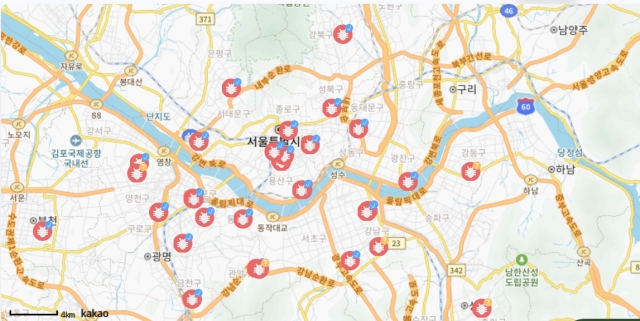 A screen capture of Bedbudboard's interactive map tracking bedbud infestations in the greater Seoul area