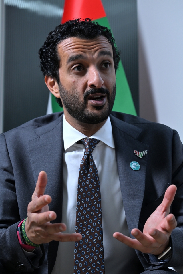 UAE's Economy Minister Abdulla Bin Touq Al Marri speaks in an interview with The Korea Herald at the UAE pavilion of COMEUP 2023 held at Dongdaemun Design Plaza in Jung-gu, Seoul on Thursday. (Im Se-jun/The Korea Herald)