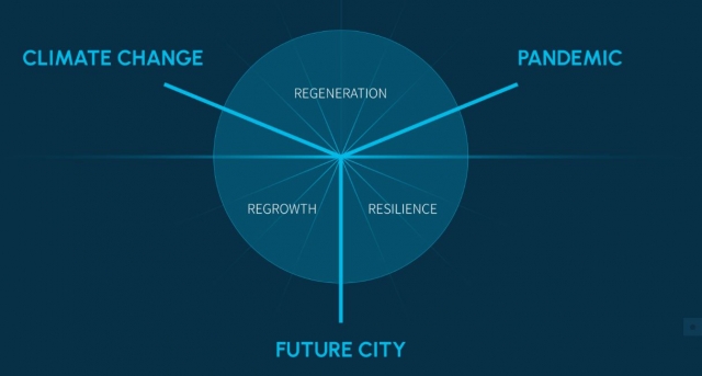 A chart illustrates the connections between the three sectors: climate change, pandemics and future cities (World Health City Forum)