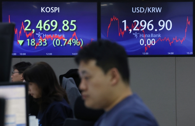 An electronic board showing the Korea Composite Stock Price Index at a dealing room of the Hana Bank headquarters in Seoul on Friday. (Yonhap)