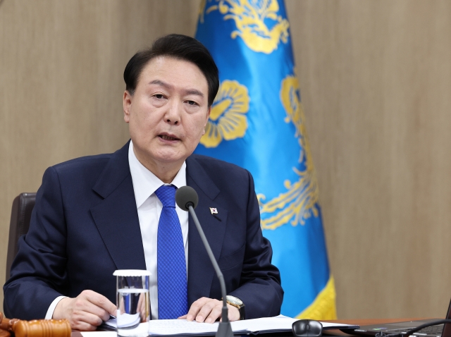 President Yoon Suk Yeol speaks during a Cabinet meeting at the presidential office in Seoul on Tuesday. (Yonhap)