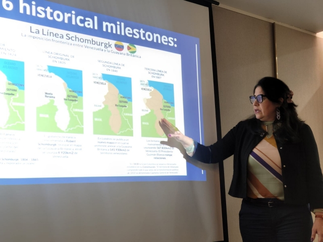 Charge d' affairs at the Venezuelan Embassy in Seoul Isabel Di Carlo Quero, briefs referendum on Guayana Esequiba in Seoul on Wednesday. (Sanjay Kumar/The Korea Herald)