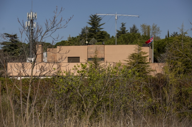 A North Korean flag flies above the North Korean Embassy in Madrid, March 27, 2019. (Getty Images)