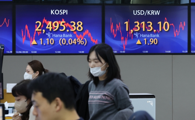 An electronic board showing the Korea Composite Stock Price Index at a dealing room of the Hana Bank headquarters in Seoul on Wednesday. (Yonhap)