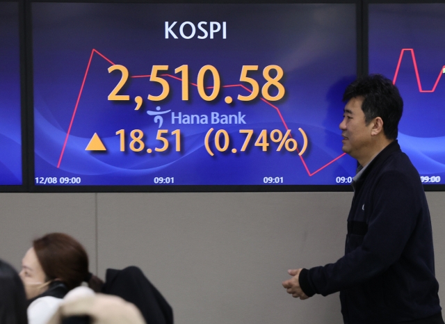 An electronic board showing the Korea Composite Stock Price Index at a dealing room of the Hana Bank headquarters in Seoul on Friday. (Yonhap)