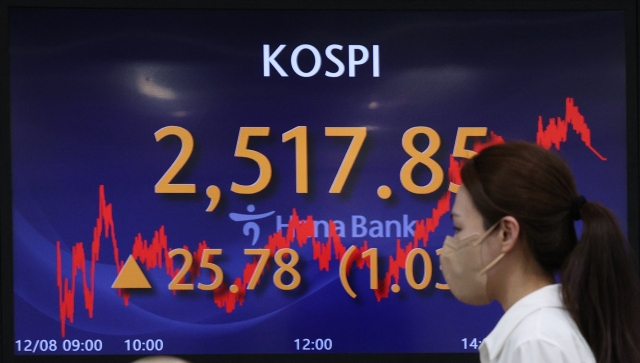 An electronic board showing the Korea Composite Stock Price Index at a dealing room of the Hana Bank headquarters in Seoul on Friday. (Yonhap)