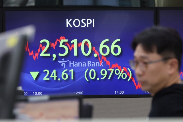 An electronic board showing the Korea Composite Stock Price Index at a dealing room of the Hana Bank headquarters in Seoul on Thursday. (Yonhap)