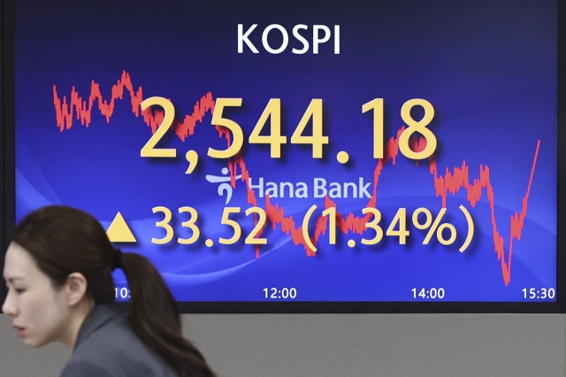 An electronic board showing the Korea Composite Stock Price Index at a dealing room of the Hana Bank headquarters in Seoul on Thursday. (Yonhap)