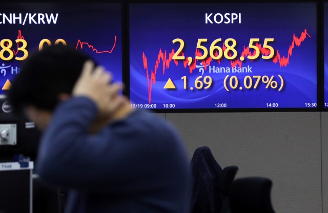 An electronic board showing the Korea Composite Stock Price Index at a dealing room of the Hana Bank headquarters in Seoul on Tuesday. (Yonhap)