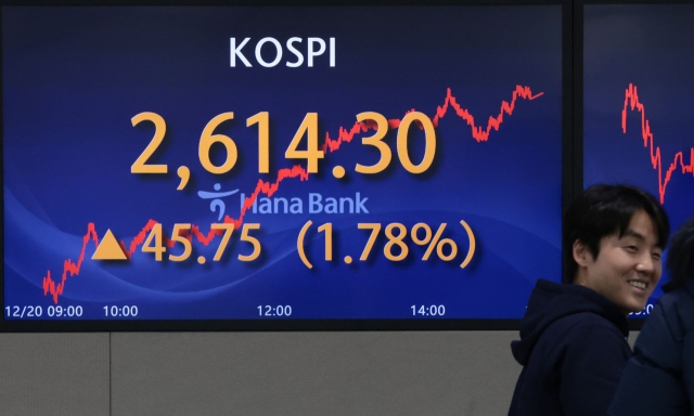 An electronic board showing the Korea Composite Stock Price Index at a dealing room of the Hana Bank headquarters in Seoul on Wednesday. (Yonhap)