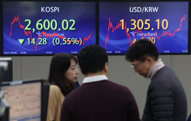 An electronic board showing the Korea Composite Stock Price Index at a dealing room of the Hana Bank headquarters in Seoul on Friday. (Yonhap)