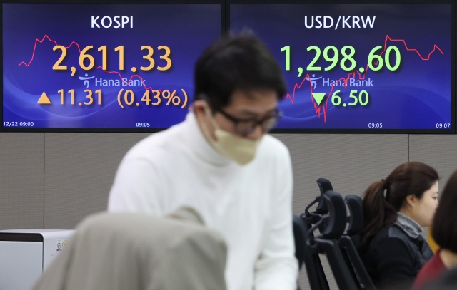 An electronic board showing the Korea Composite Stock Price Index at a dealing room of the Hana Bank headquarters in Seoul on Tuesday. (Yonhap)