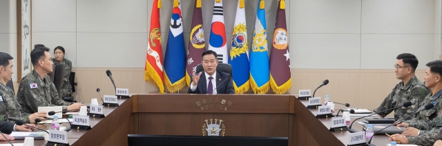 Defense Minister Shin Won-sik presides over a meeting of military leaders at the defense ministry in Seoul on Nov. 28, in this photo provided by the ministry.