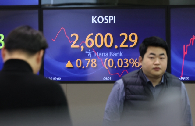 An electronic board showing the Korea Composite Stock Price Index at a dealing room of the Hana Bank headquarters in Seoul on Wednesday. (Yonhap)