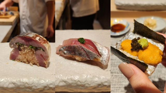 From left: Mackerel sushi, horse mackerel sushi and grilled hairtail with sea urchin and caviar wrapped with dried seaweed (Lee Jung-youn / The Korea Herald)