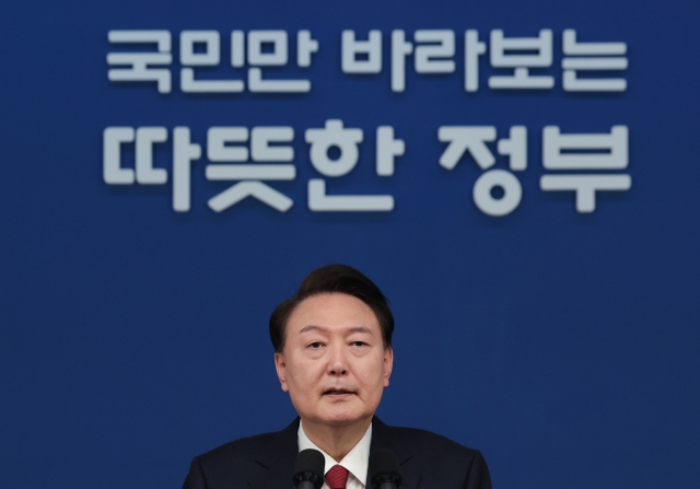 President Yoon Seok Yeol delivers a New Year's Day address at the presidential office in Yongsan, Seoul, on Monday. (Office of the President of the Republic of Korea)