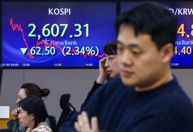 An electronic board showing the Korea Composite Stock Price Index at a dealing room of the Hana Bank headquarters in Seoul on Wednesday. (Yonhap)