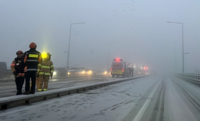 This photo shows a bridge in Sejong, central South Korea, where a pileup of some 30 vehicles left five injured on Thursday. (Yonhap)