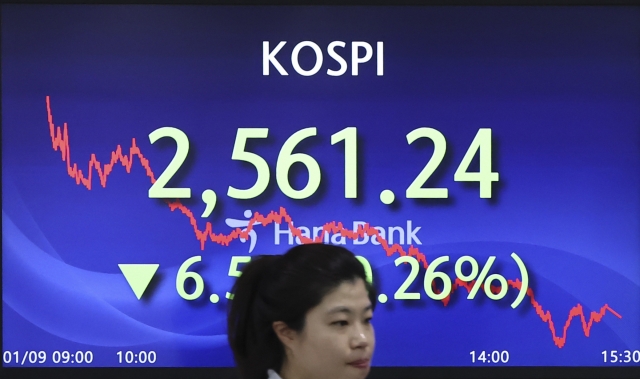 An electronic board showing the Korea Composite Stock Price Index at a dealing room of the Hana Bank headquarters in Seoul on Tuesday. (Yonhap)